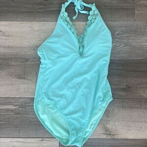 Ambrielle Womens Aqua One Piece Swimsuit Swimwear Lace Crotchet Halter‎ Small